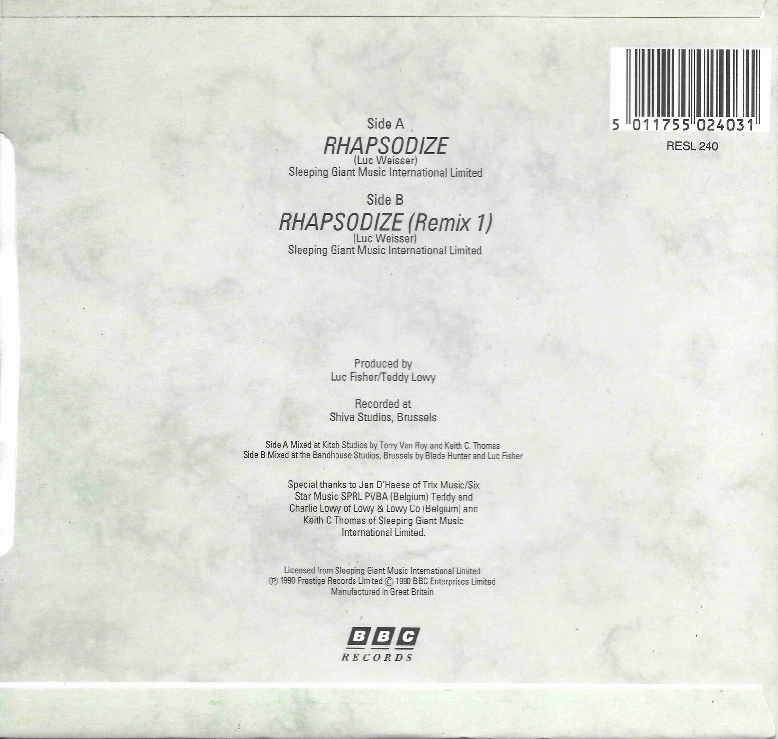 Picture of RESL 240 Rhapsodize by artist Luc Fisher from the BBC records and Tapes library